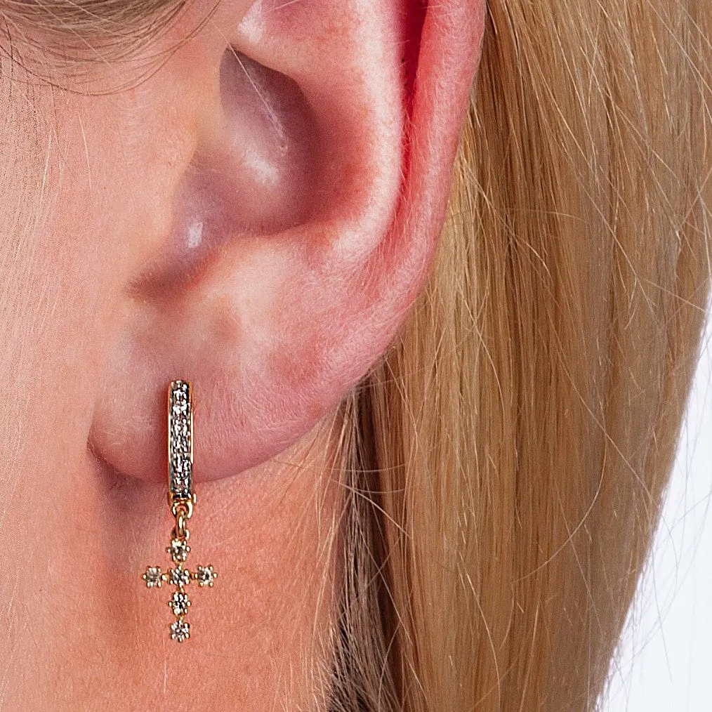 14K Gold and Diamond Hoop Earrings with Diamond Cross