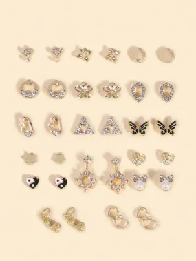 16pairs/set Heart & Star & Butterfly & LOVE & Yin & Yang Design Rhinestone Inlaid Stud Earrings Set For Women