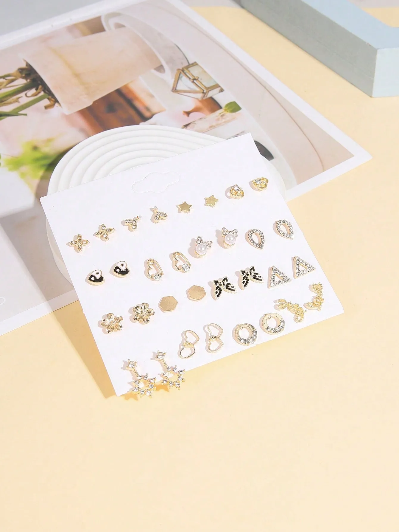 16pairs/set Heart & Star & Butterfly & LOVE & Yin & Yang Design Rhinestone Inlaid Stud Earrings Set For Women