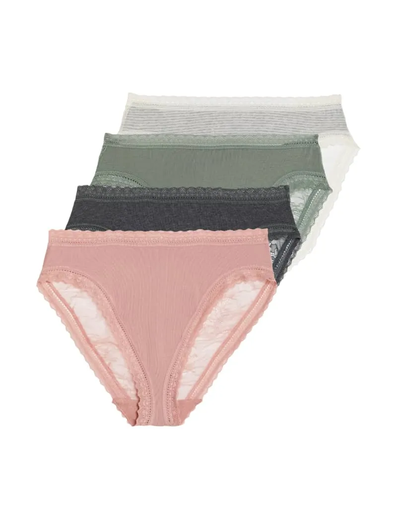 4pk Modal & Lace High Waisted High Leg Knickers