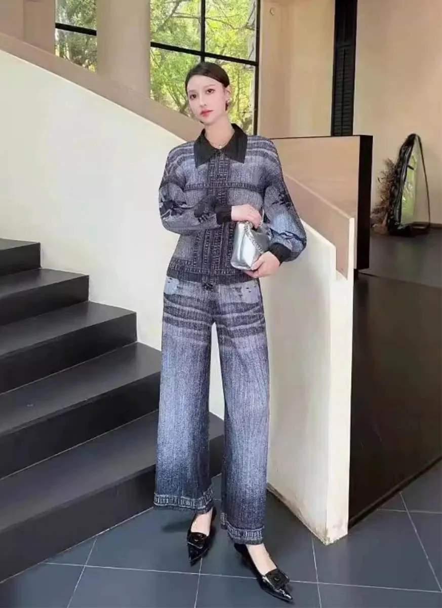 9240001 Denim Printed Top & Pants Set *Black