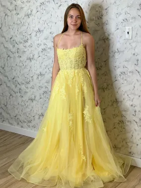 A Line Backless Tulle Long Lace Appliques Yellow Prom Dresses, Backless Yellow Lace Formal Dresses, Lace Yellow Evening Dresses