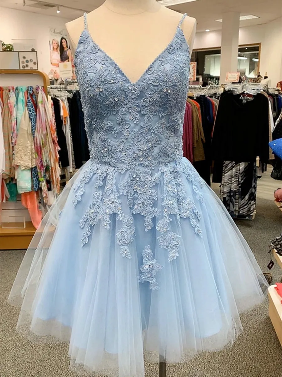 A Line V Neck Tulle Lace Appliques Short Prom Homecoming Dresses