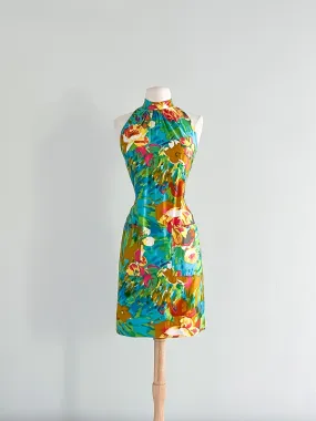 Adorable 1960's Watercolor Floral Print Halter Dress / Sz XS