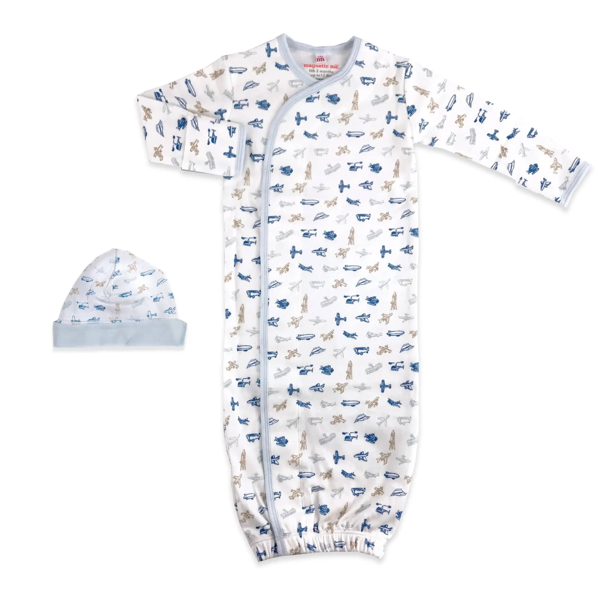 airplanes organic cotton magnetic open bottom gown   hat set - re-loved