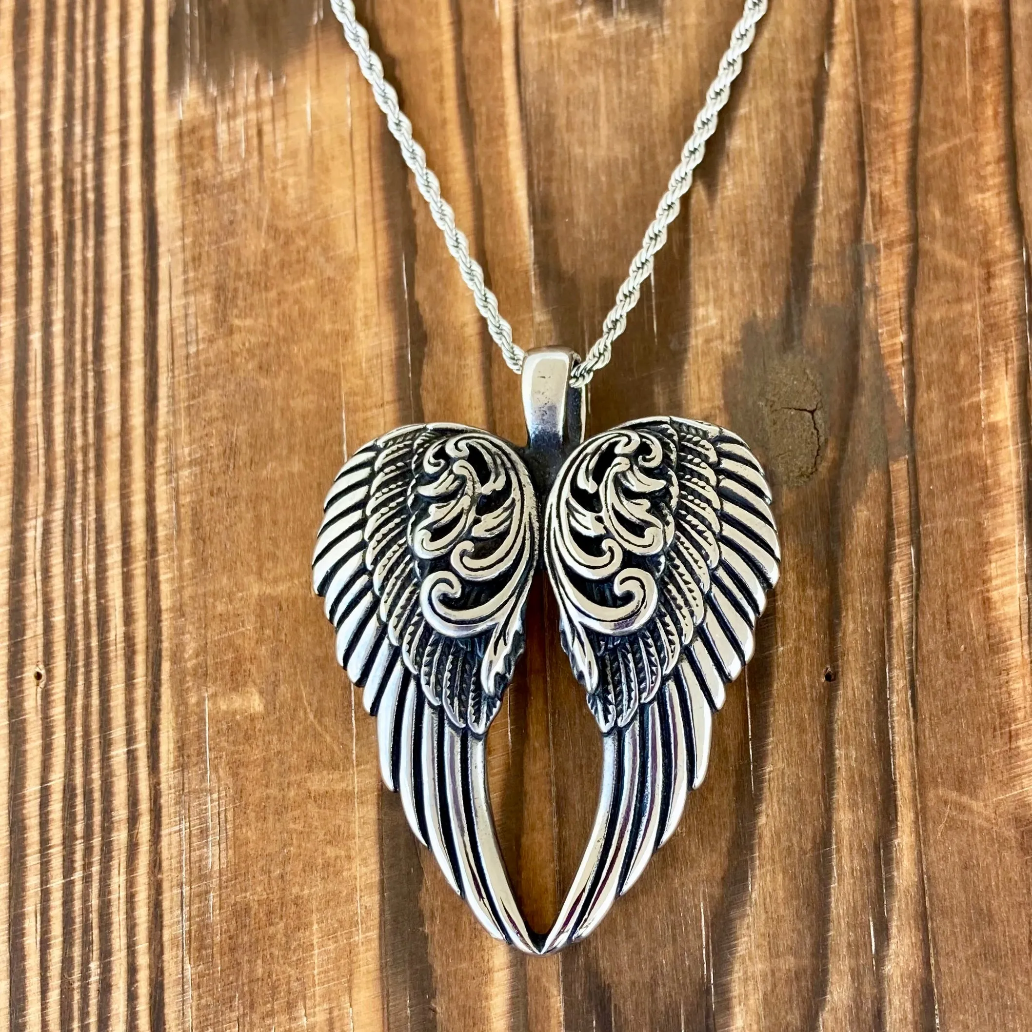 Angel Heart Wings Pendant - Silver Wings - Custom - Rope Necklace or Omega - LAP028