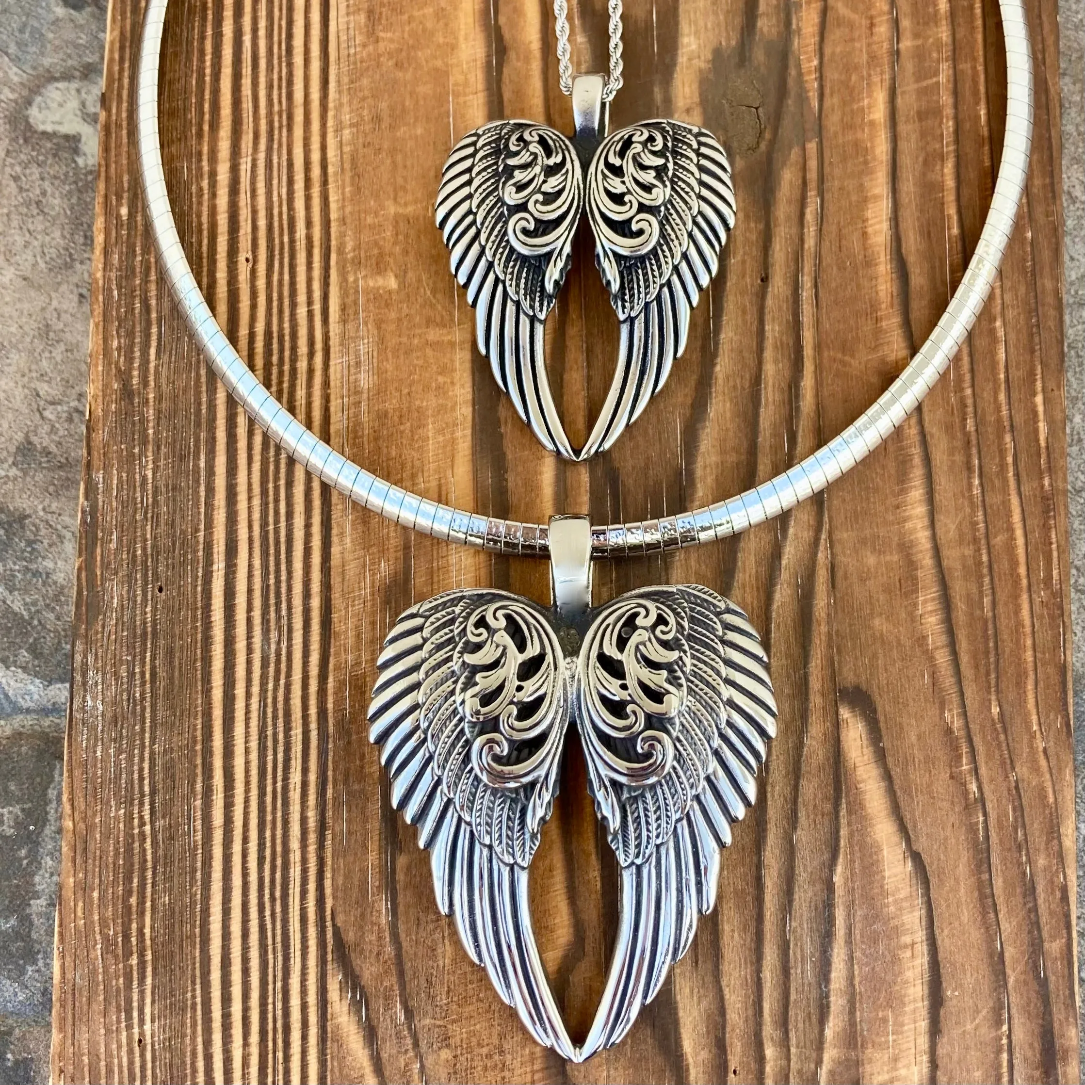 Angel Heart Wings Pendant - Silver Wings - Custom - Rope Necklace or Omega - LAP028