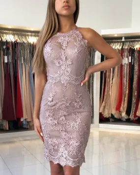 Beautiful Short Lilac Mermaid Lace Prom Dresses