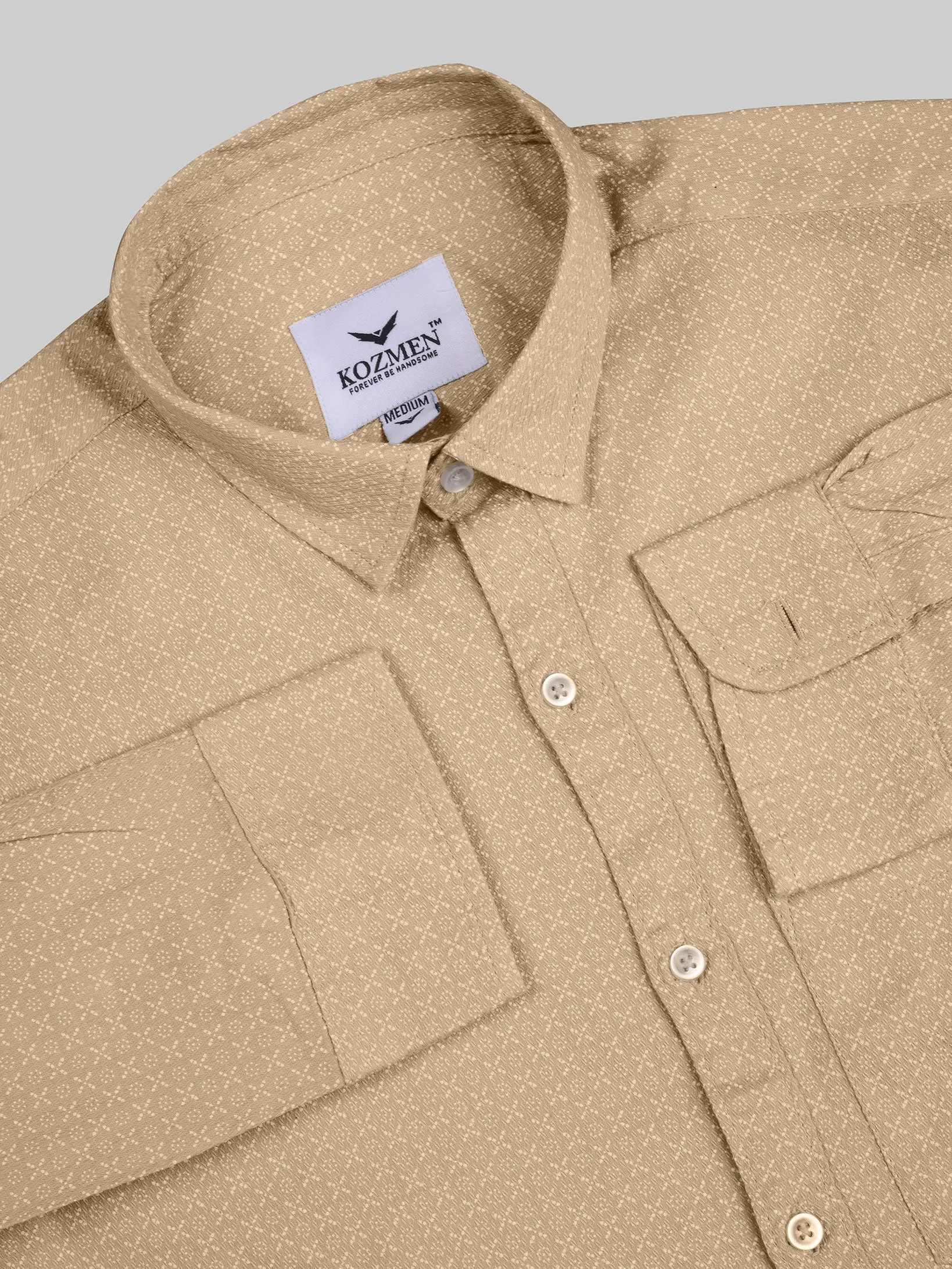 Beige with White Micro Dot Print Cotton Shirt