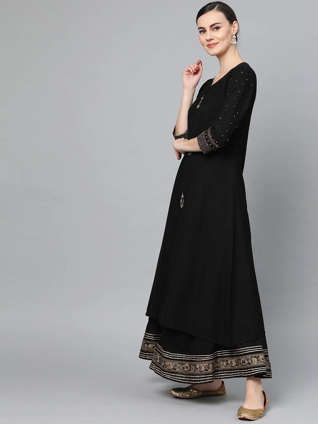 Black Embellished A-Line Kurta Set