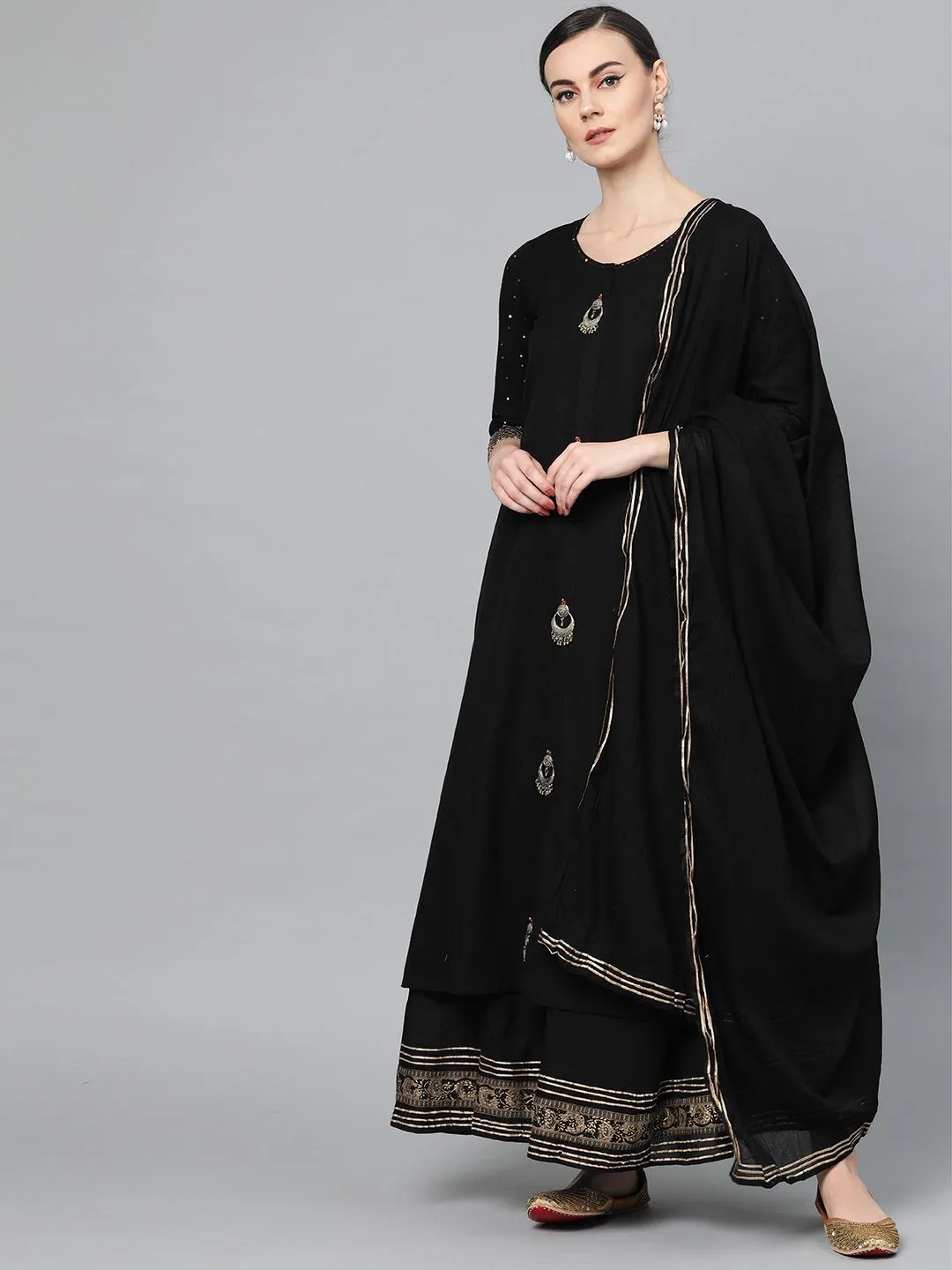 Black Embellished A-Line Kurta Set