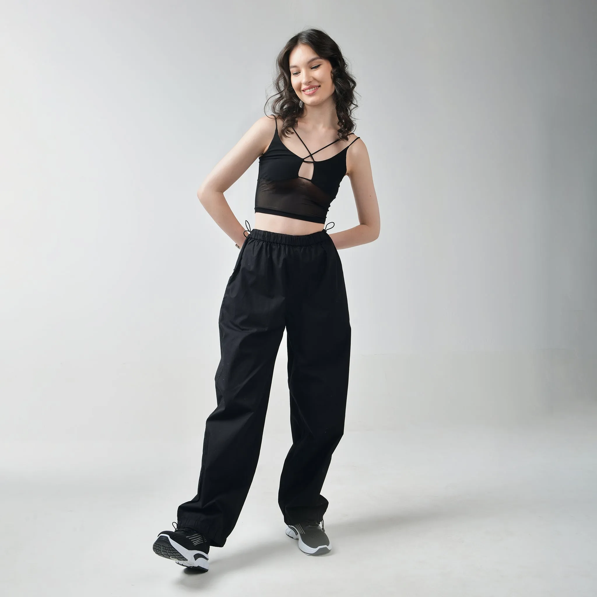 Black Mesh Top & Black Parachute Pants