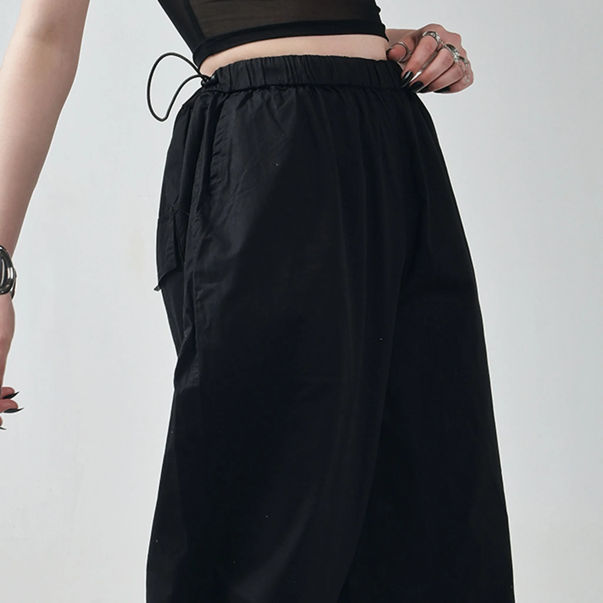 Black Mesh Top & Black Parachute Pants