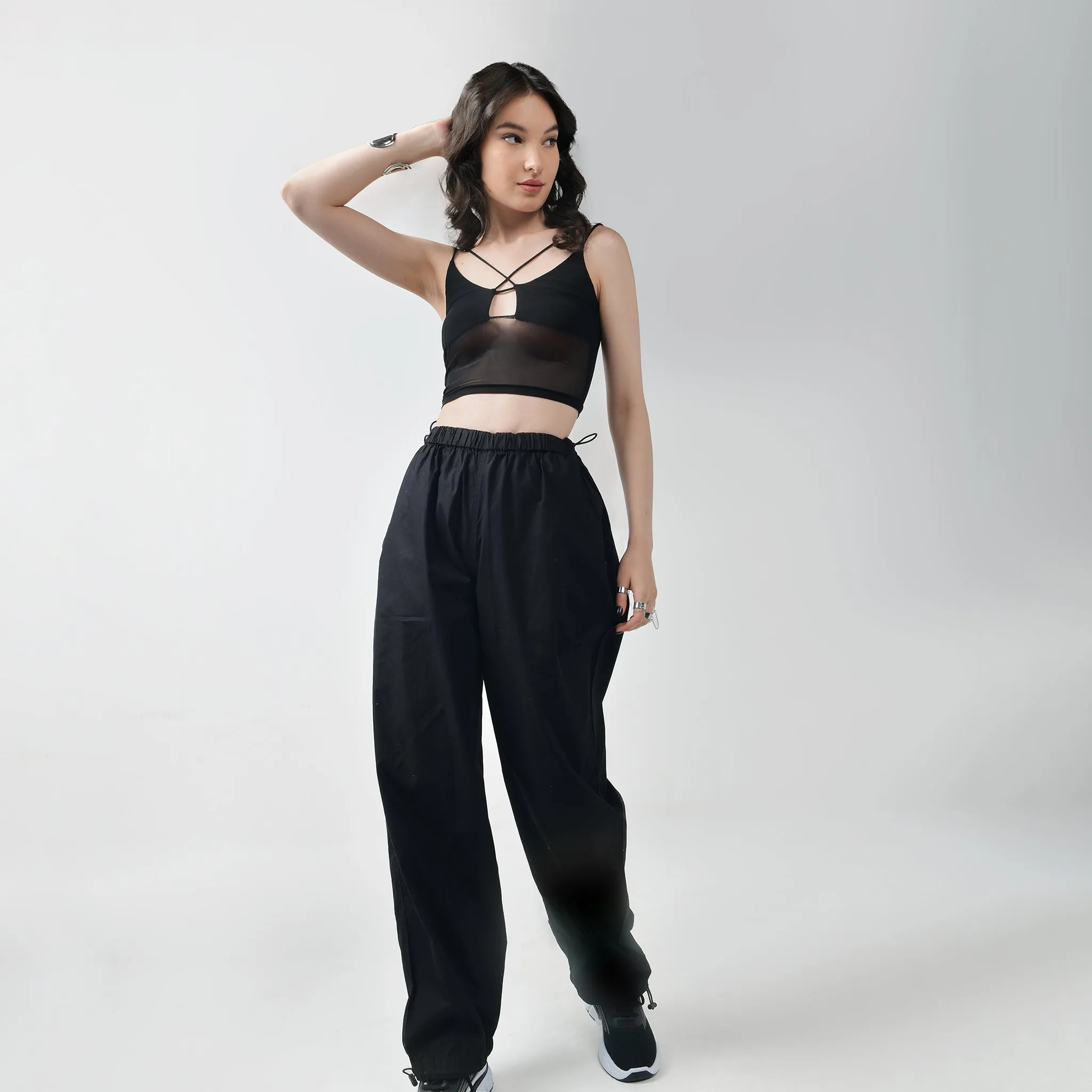 Black Mesh Top & Black Parachute Pants