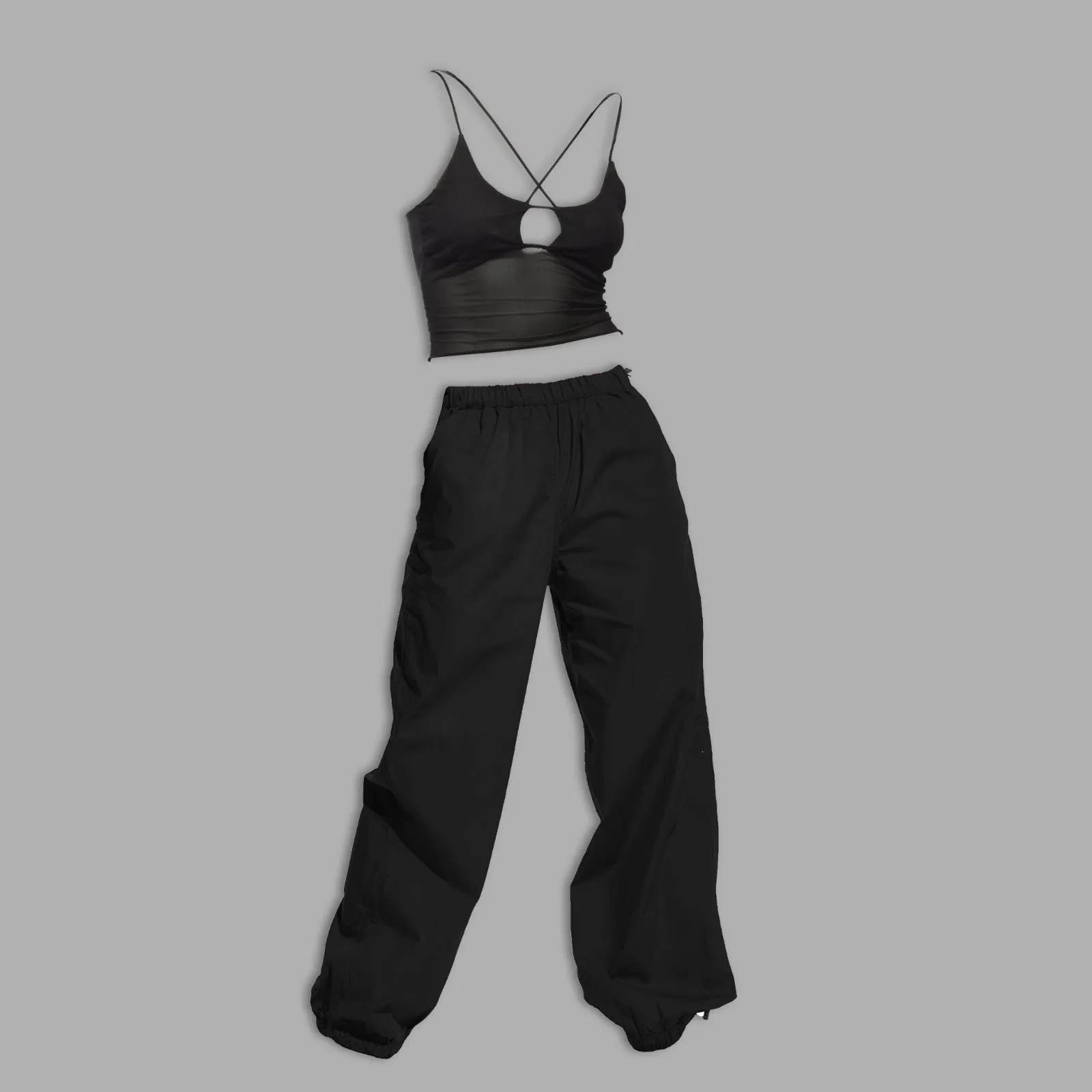 Black Mesh Top & Black Parachute Pants