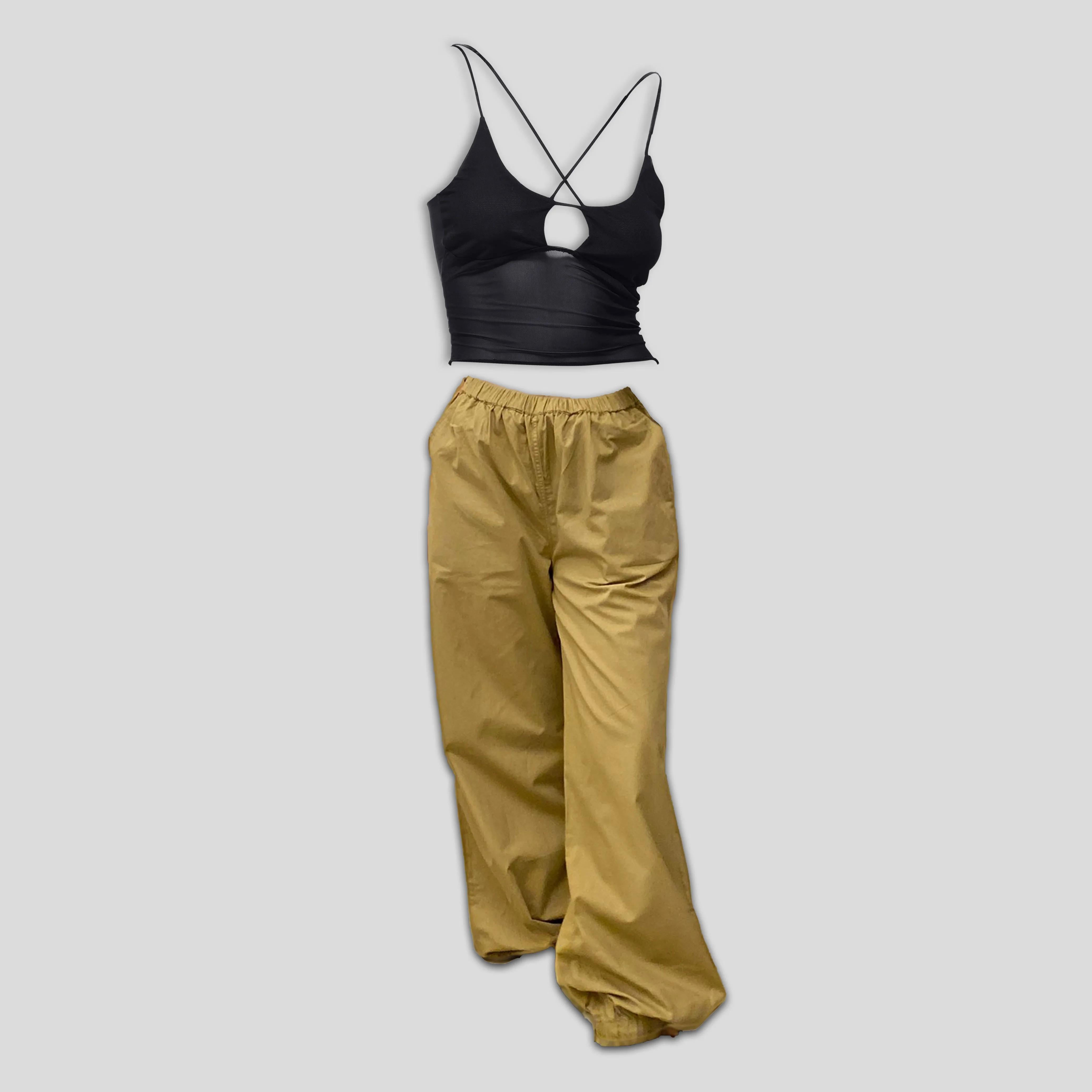 Black Mesh Top & Khaki Parachute Pants