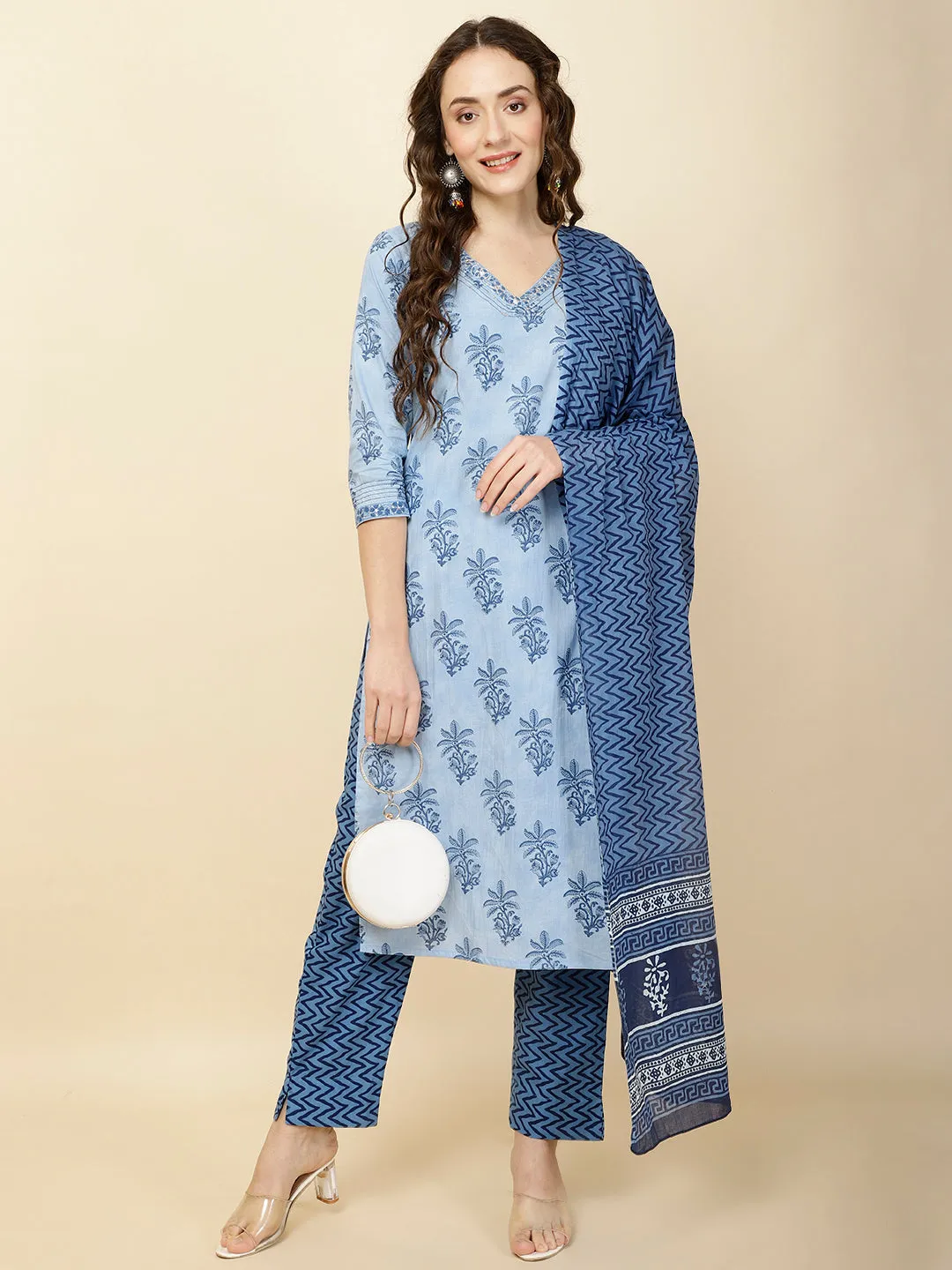 Block Print Cotton Suit Set With Dupatta