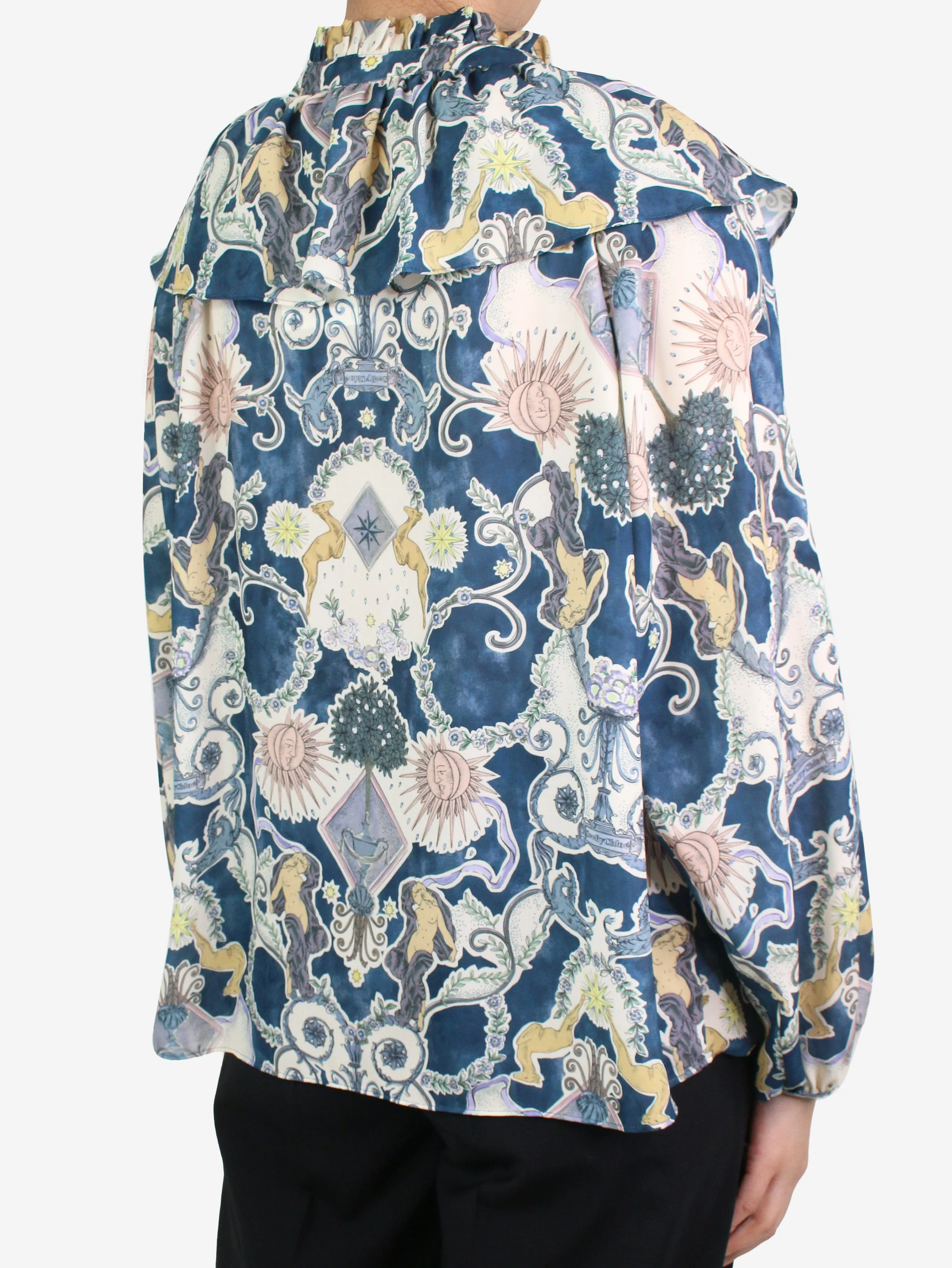 Blue printed ruffle top - size UK 10