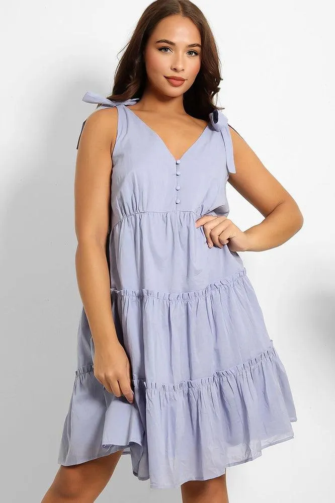 Blue Shoulder Ties Tiered Cotton Sun Dress