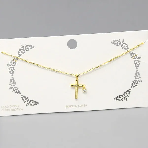 Cross CZ Stone Pendant Short Chain Necklace