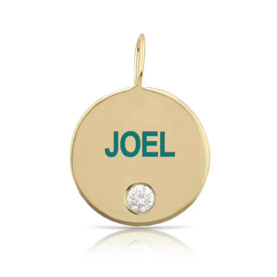 Custom Enamel Letters Gold Disc Charm with Tiny Diamond