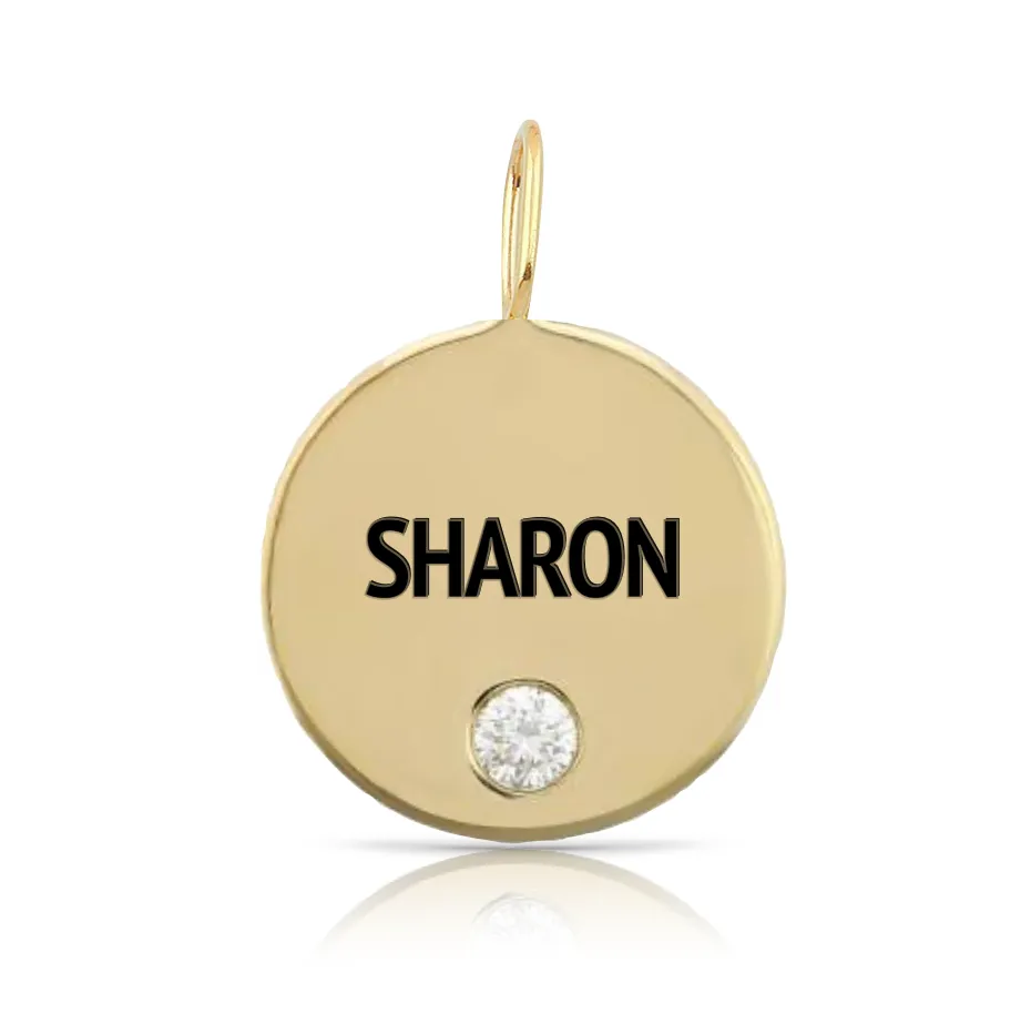 Custom Enamel Letters Gold Disc Charm with Tiny Diamond