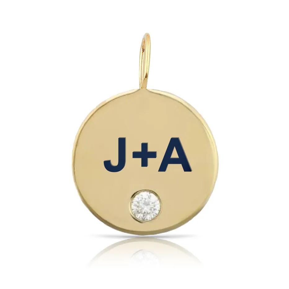 Custom Enamel Letters Gold Disc Charm with Tiny Diamond