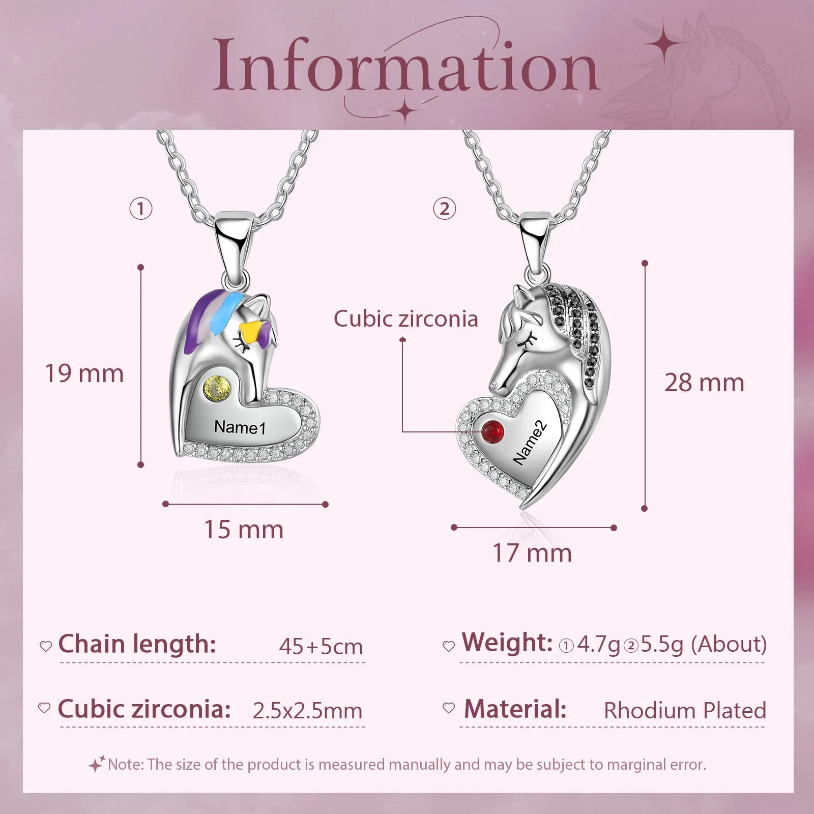 Custom Mother Daughter Birthstones and  Names Matching Unicorn Necklace Set