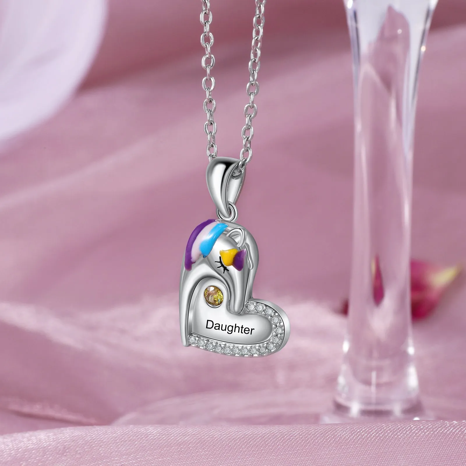 Custom Mother Daughter Birthstones and  Names Matching Unicorn Necklace Set