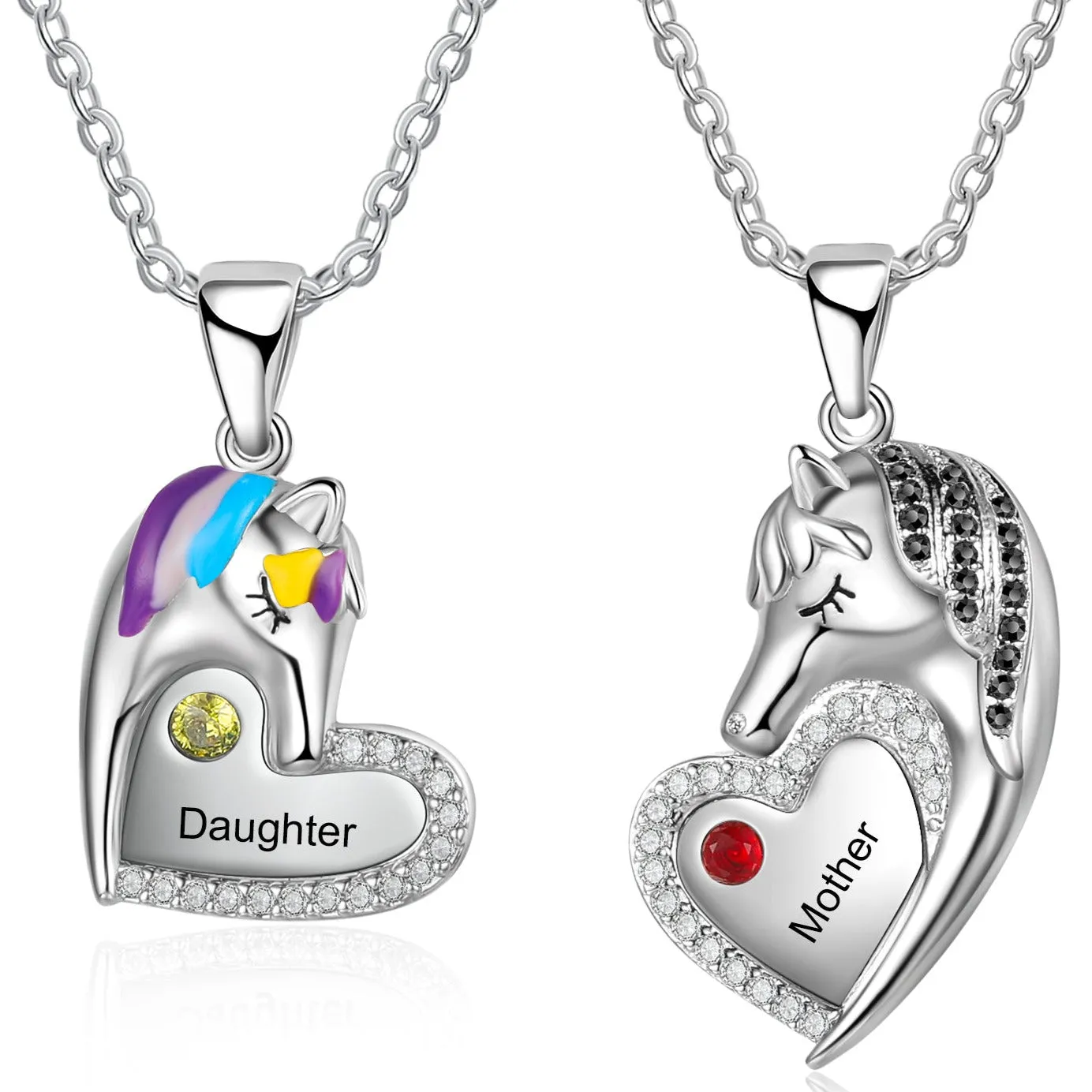 Custom Mother Daughter Birthstones and  Names Matching Unicorn Necklace Set