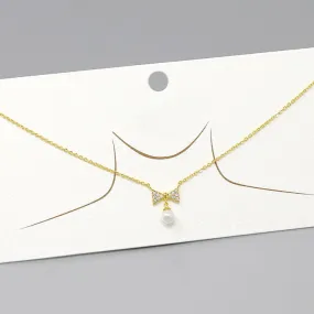 CZ Pave Bow With Pearl Pendant Gold Dipped Necklace