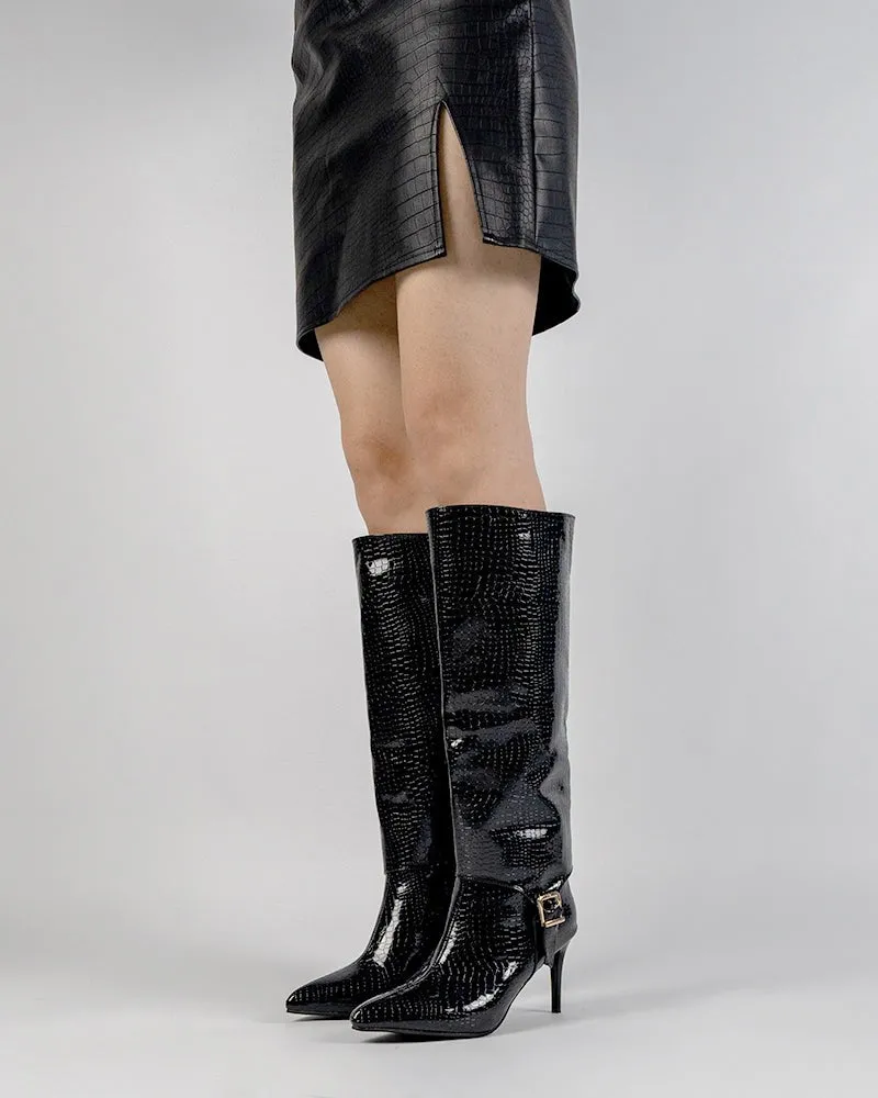 Faux Pattern Pointed Toe Stiletto Knee High Boots