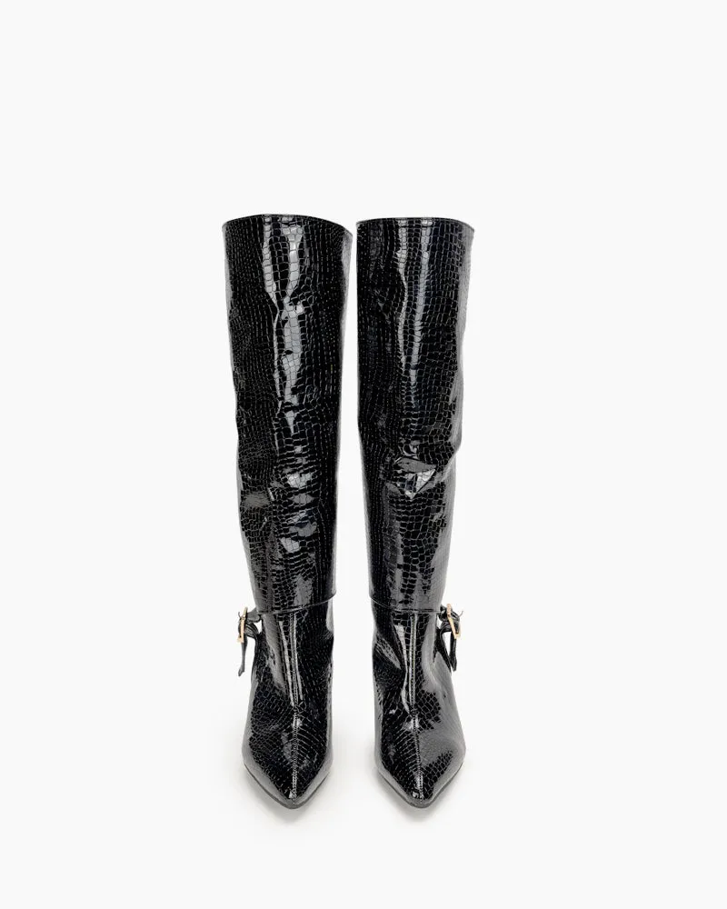 Faux Pattern Pointed Toe Stiletto Knee High Boots