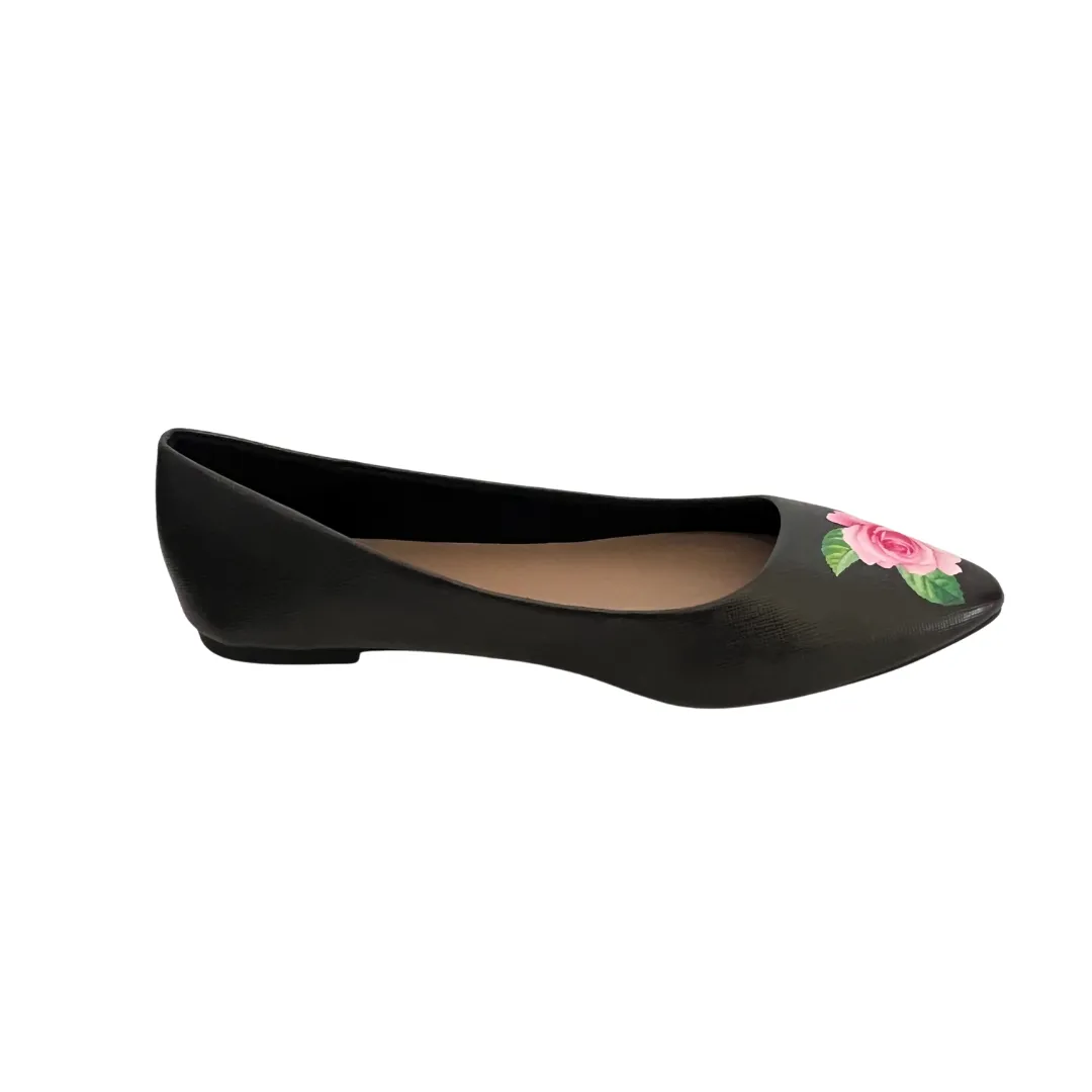 Fioni Black Floral Pointed Flat Pumps | Brand New |