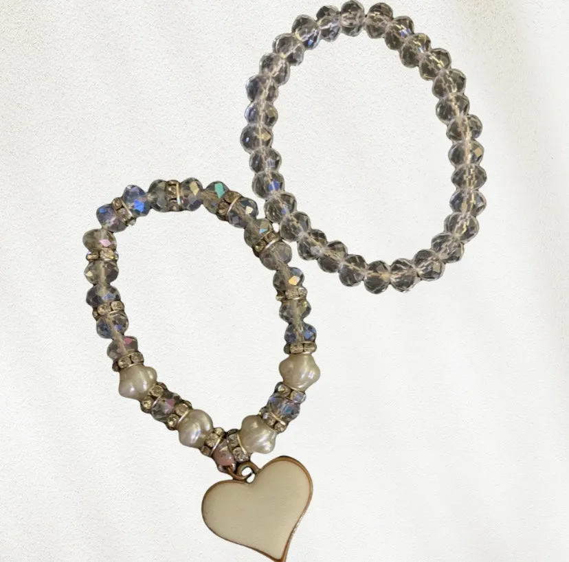 Glass bead balls, pearls, and rondelle bead rhinestone spacer with golden heart charm bracelet