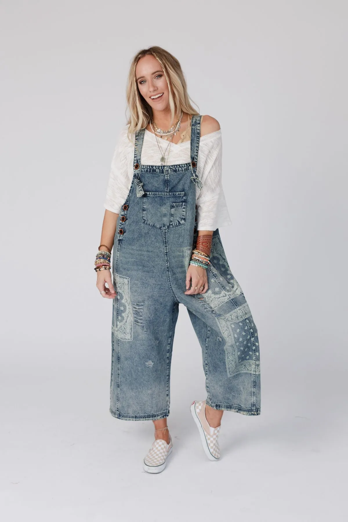 High Hopes Slouchy Denim Overalls - Denim Bandana