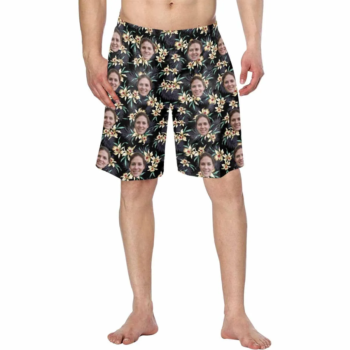 【Hot Selling】Custom Face Flowers Personalized Photo Men's Elastic Beach Shorts