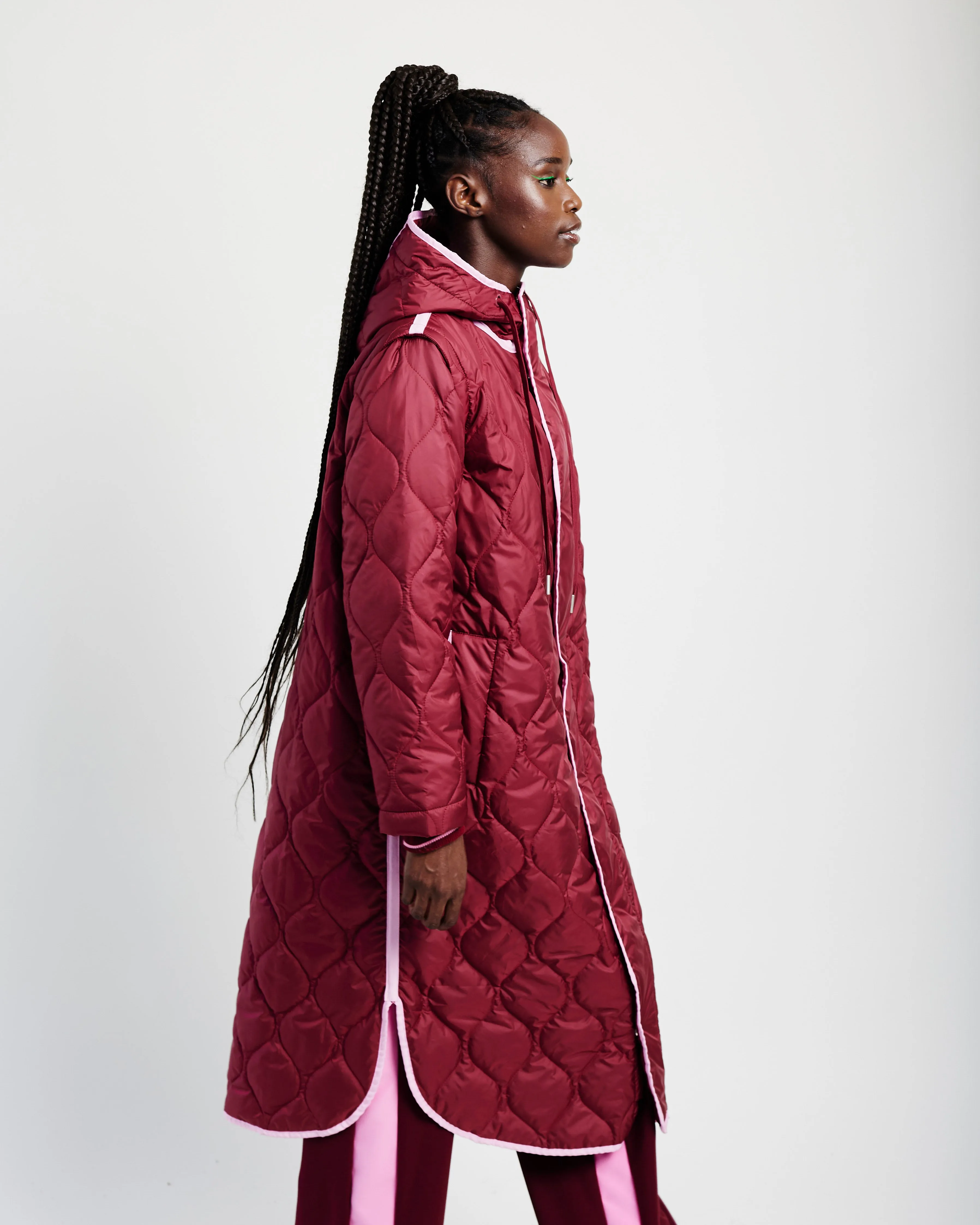 Maxi Puffer Zip Off Sleeves in Burgundy/Pink