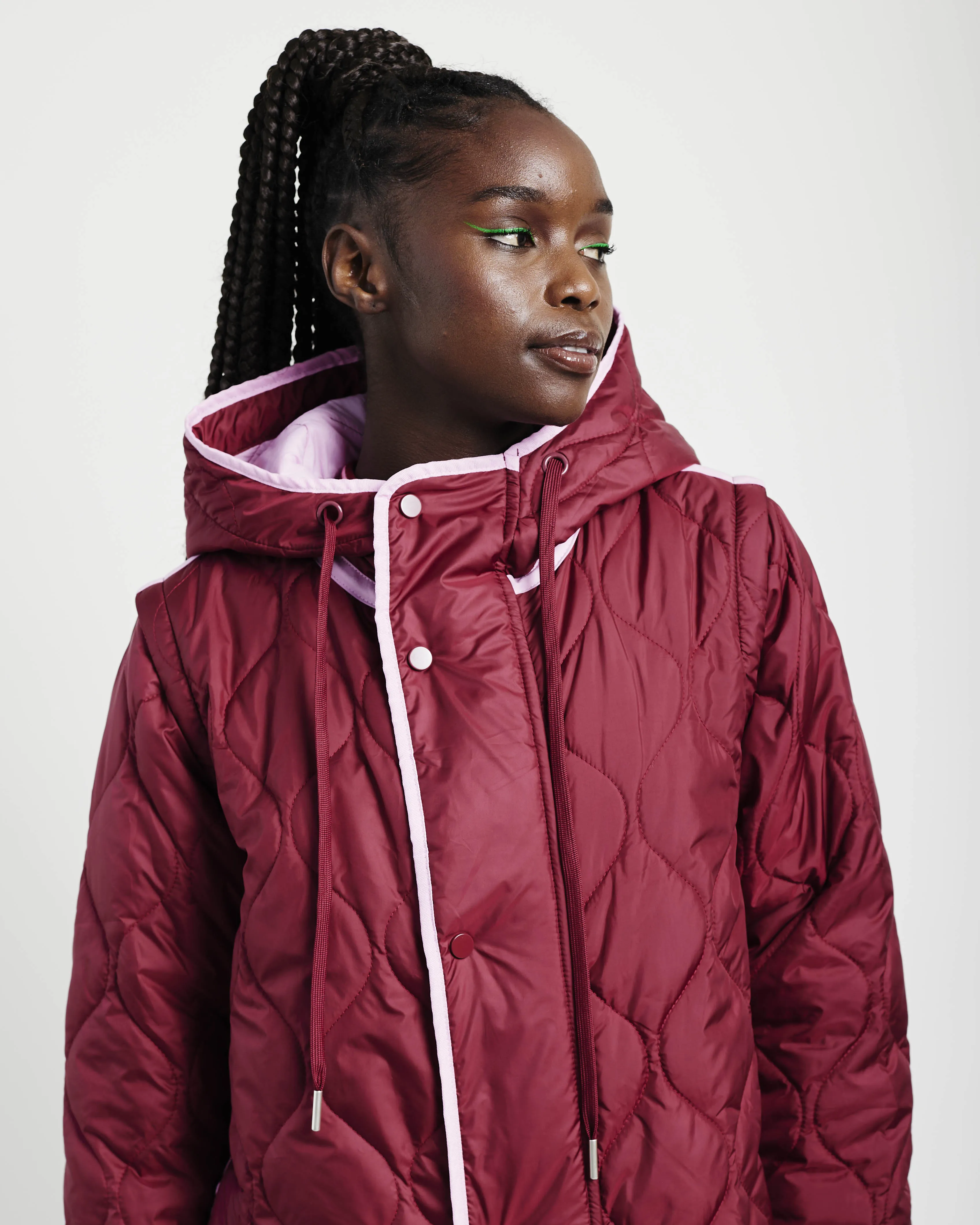 Maxi Puffer Zip Off Sleeves in Burgundy/Pink