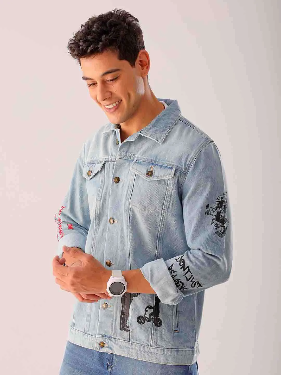 Men Blue Regular Fit Placement Printed Denim Jacket