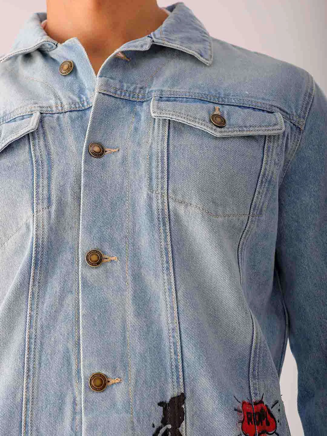 Men Blue Regular Fit Placement Printed Denim Jacket