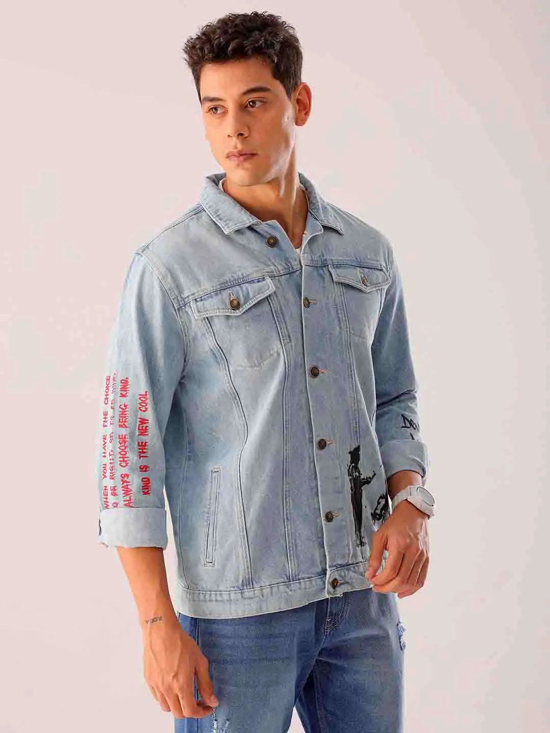 Men Blue Regular Fit Placement Printed Denim Jacket