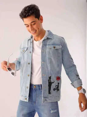 Men Blue Regular Fit Placement Printed Denim Jacket