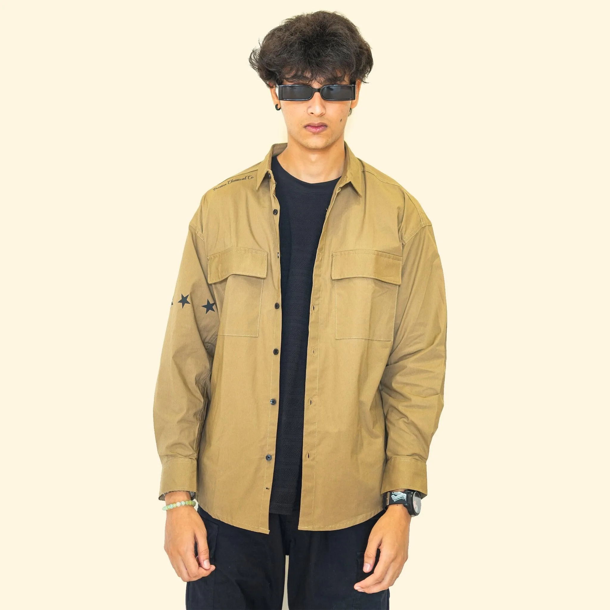 Men's Beige Drop Shoulder-Baggy Fit Shirt With Double Pockets