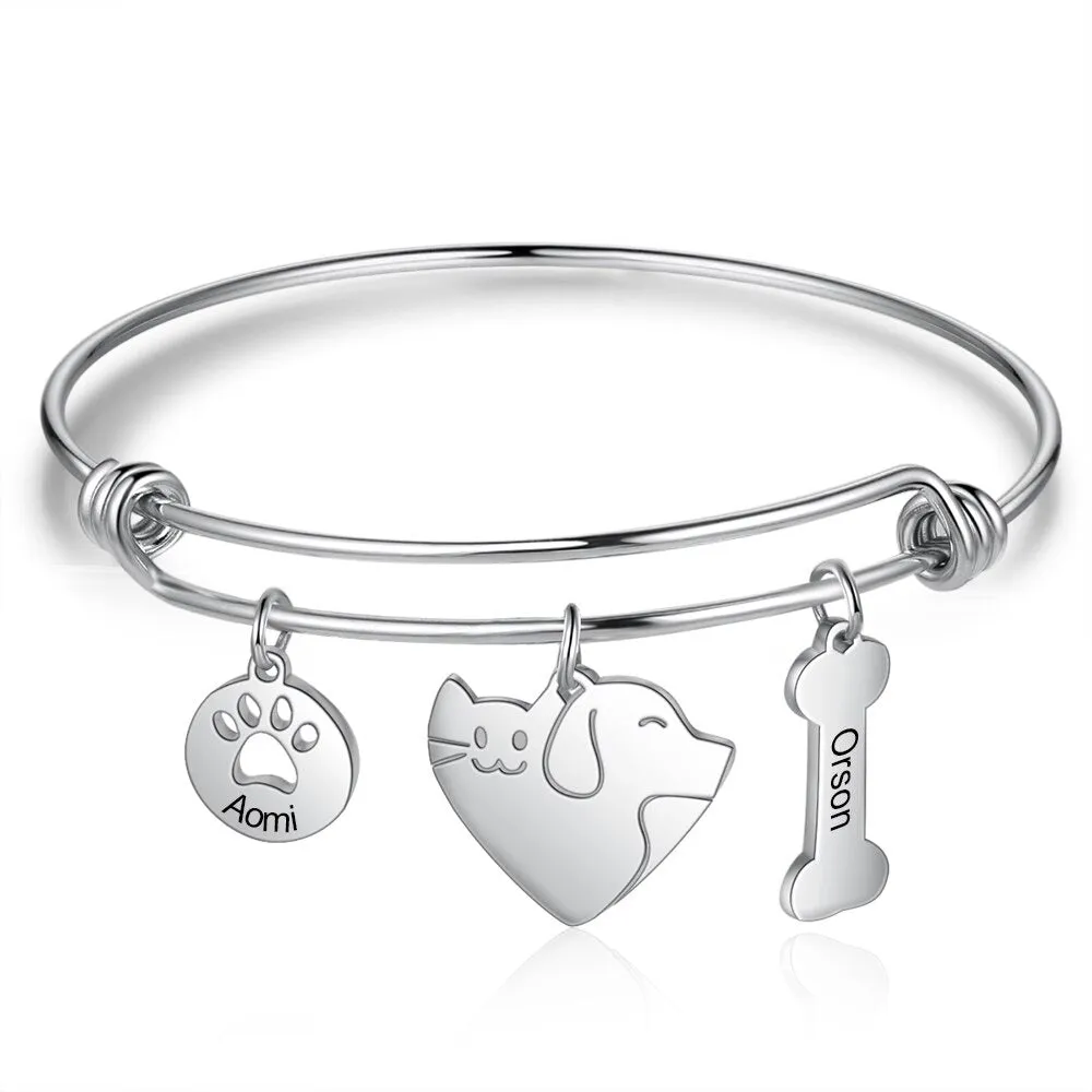 Personalized 2 Name Paw Bone Cat Dog Bracelet For Women