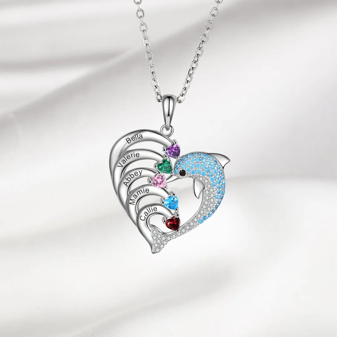 Personalized Heart Dolphin Necklace Custom Birthstones Necklace for Her Mother's Day