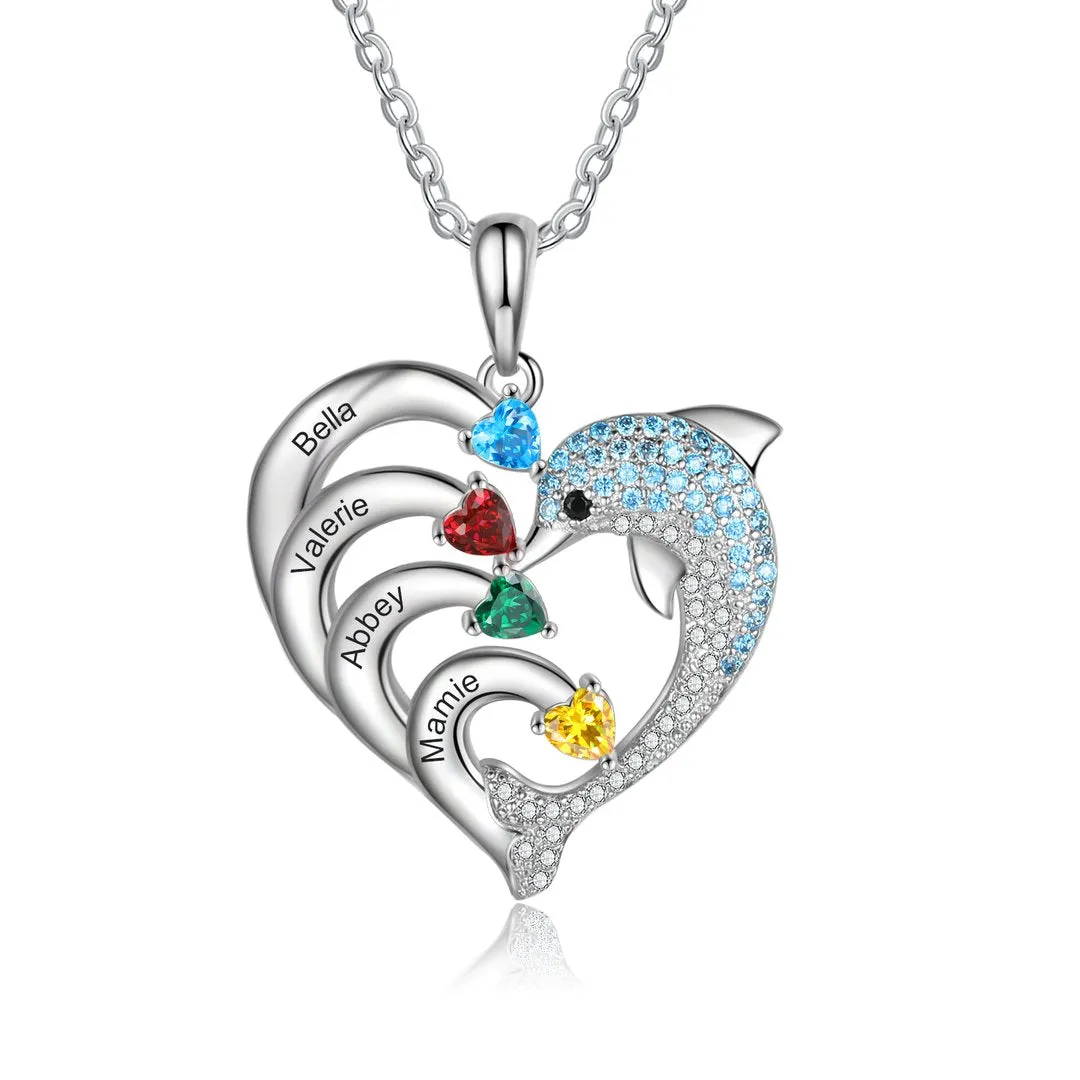 Personalized Heart Dolphin Necklace Custom Birthstones Necklace for Her Mother's Day