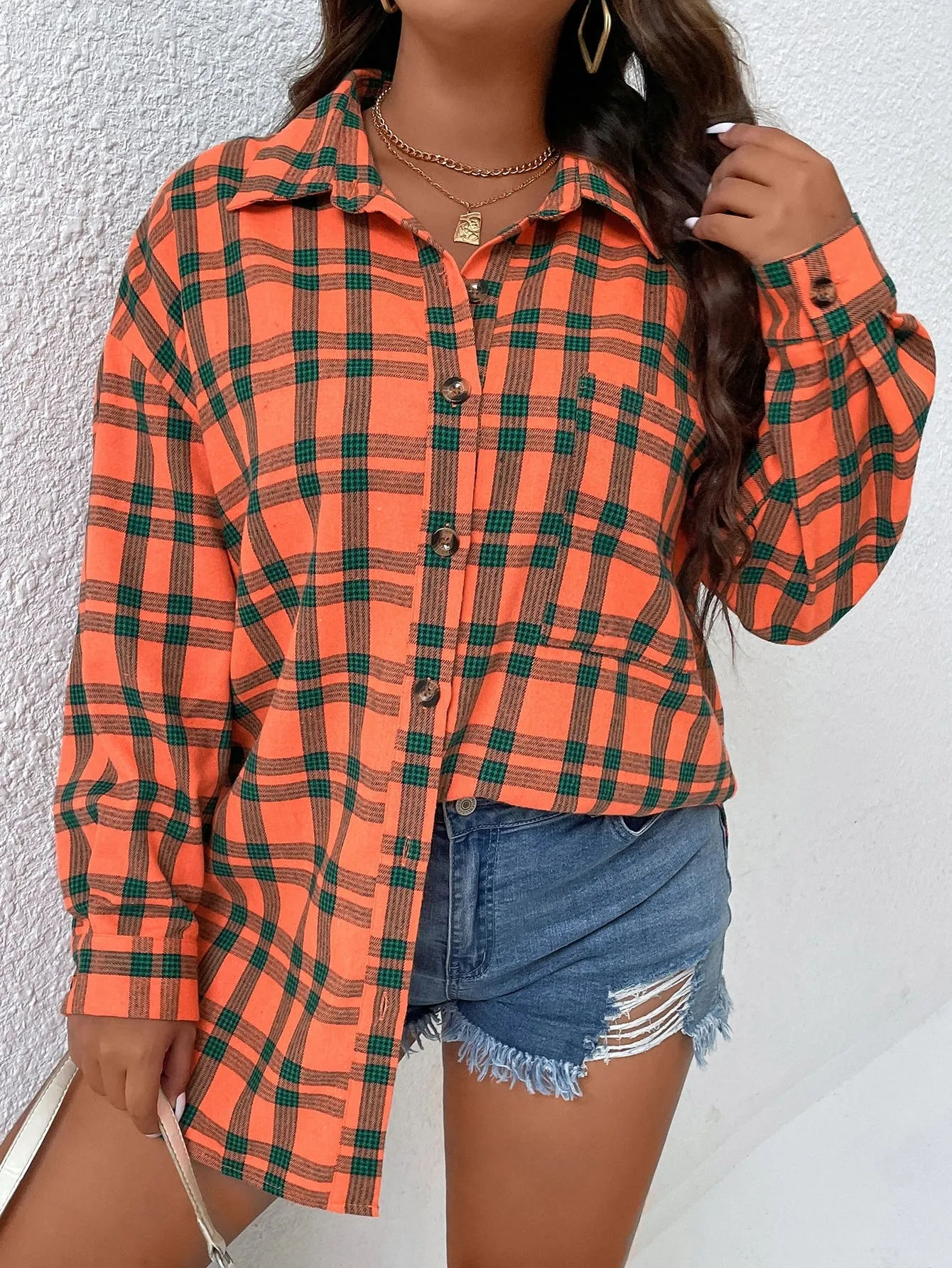 Plus Plaid Print Drop Shoulder Shirt