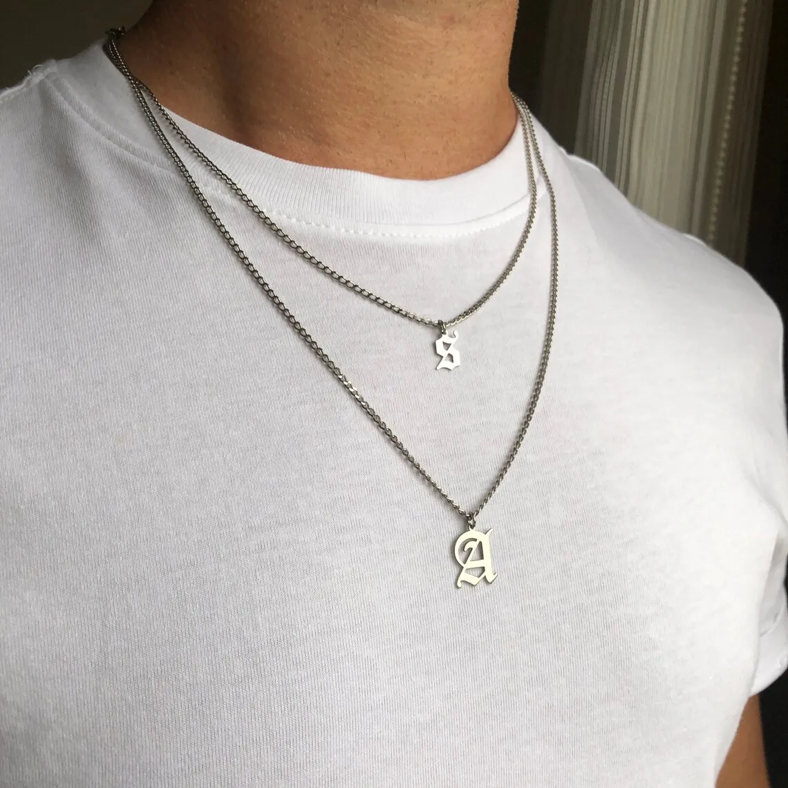 Sterling Silver Men's Necklace Curb Chain & Custom Letter Pendant