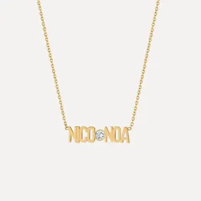 Two Name Mini Mini Nameplate Necklace with Diamond Bezel